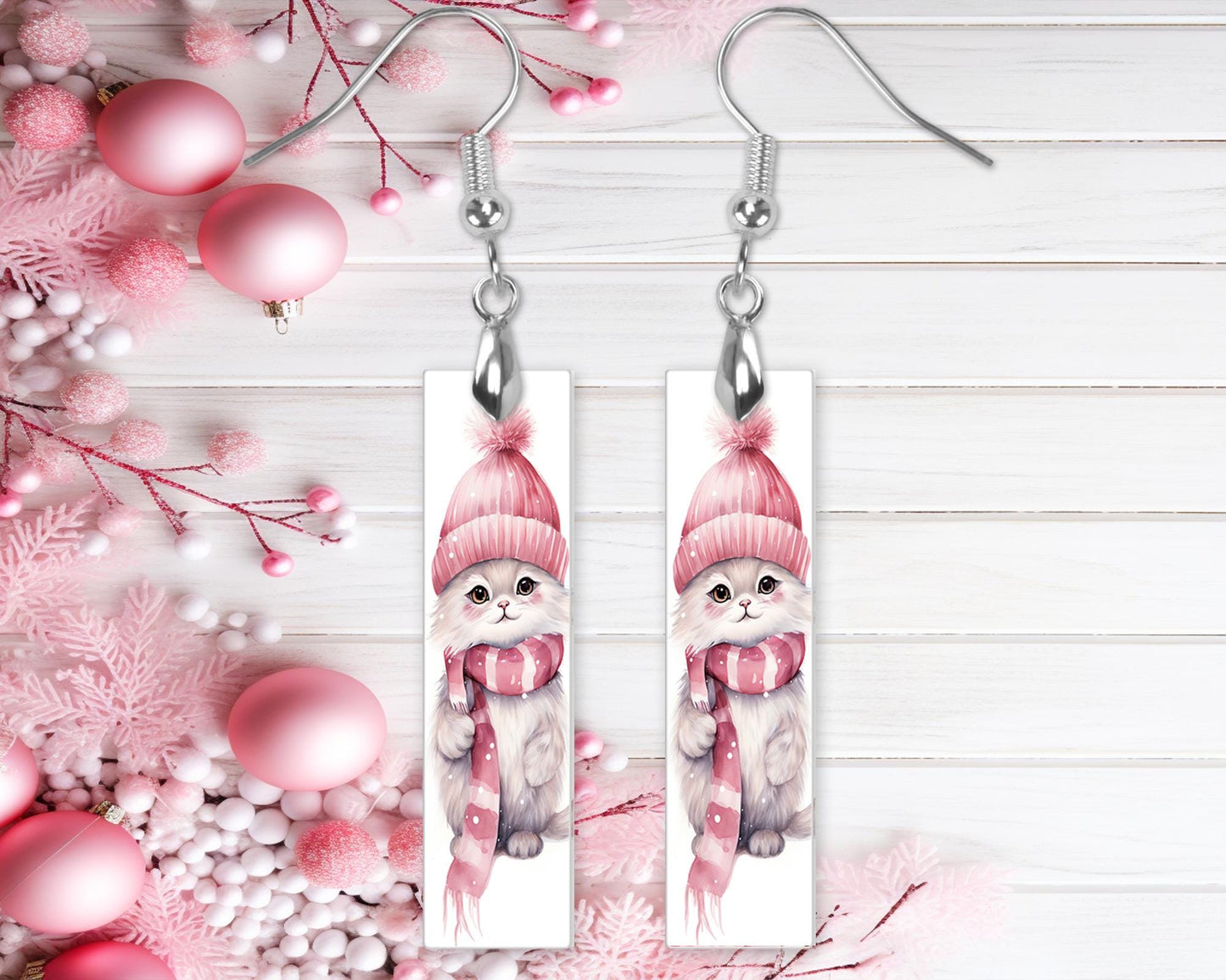 Pink Christmas Cat Bar Printed Wood Dangle Earrings Hypoallergenic Jewelry Handmade