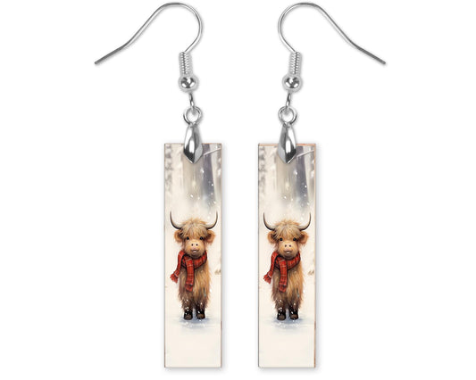 Winter Highland Cow Bar Printed Wood Dangle Earrings Hypoallergenic Jewelry Handmade