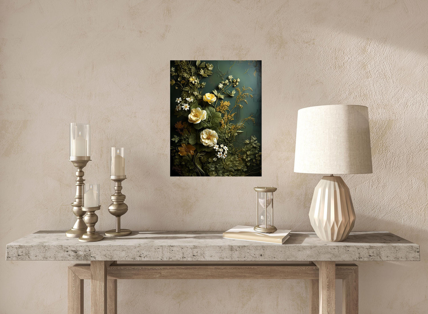 New Release, 11x14 Moss Green and Cream Floral Wall Art Canvas Print