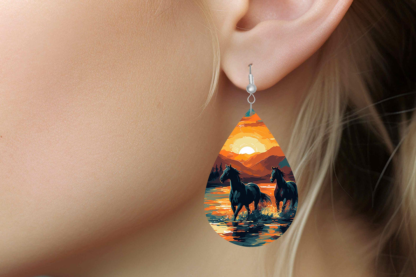 New Release Sunset Horses Print Earrings Print Tear Drop Wood Dangle Earrings Hypoallergenic Jewelry