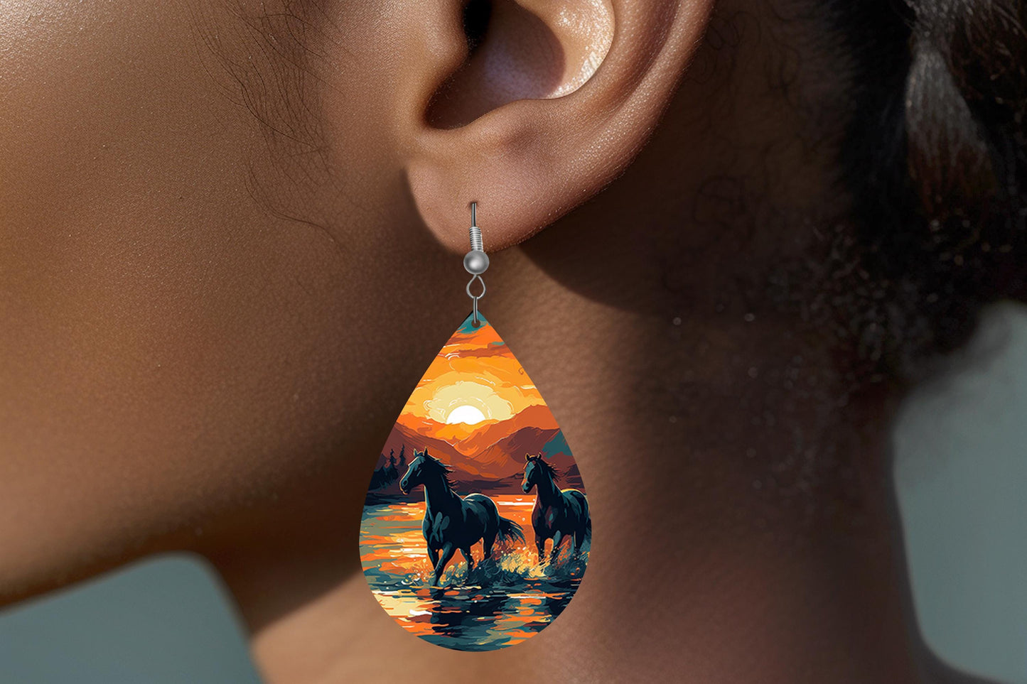 New Release Sunset Horses Print Earrings Print Tear Drop Wood Dangle Earrings Hypoallergenic Jewelry