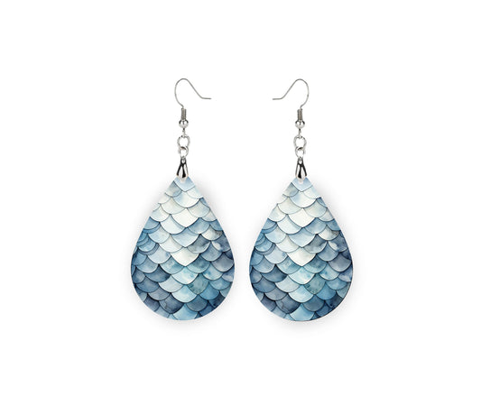 New Release Blue Dragon Scales Print Earrings Print Tear Drop Wood Dangle Earrings Hypoallergenic Jewelry