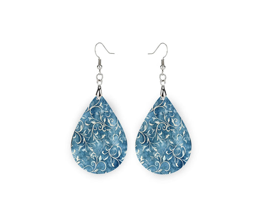 New Release Denim Vines Print Earrings Print Tear Drop Wood Dangle Earrings Hypoallergenic Jewelry