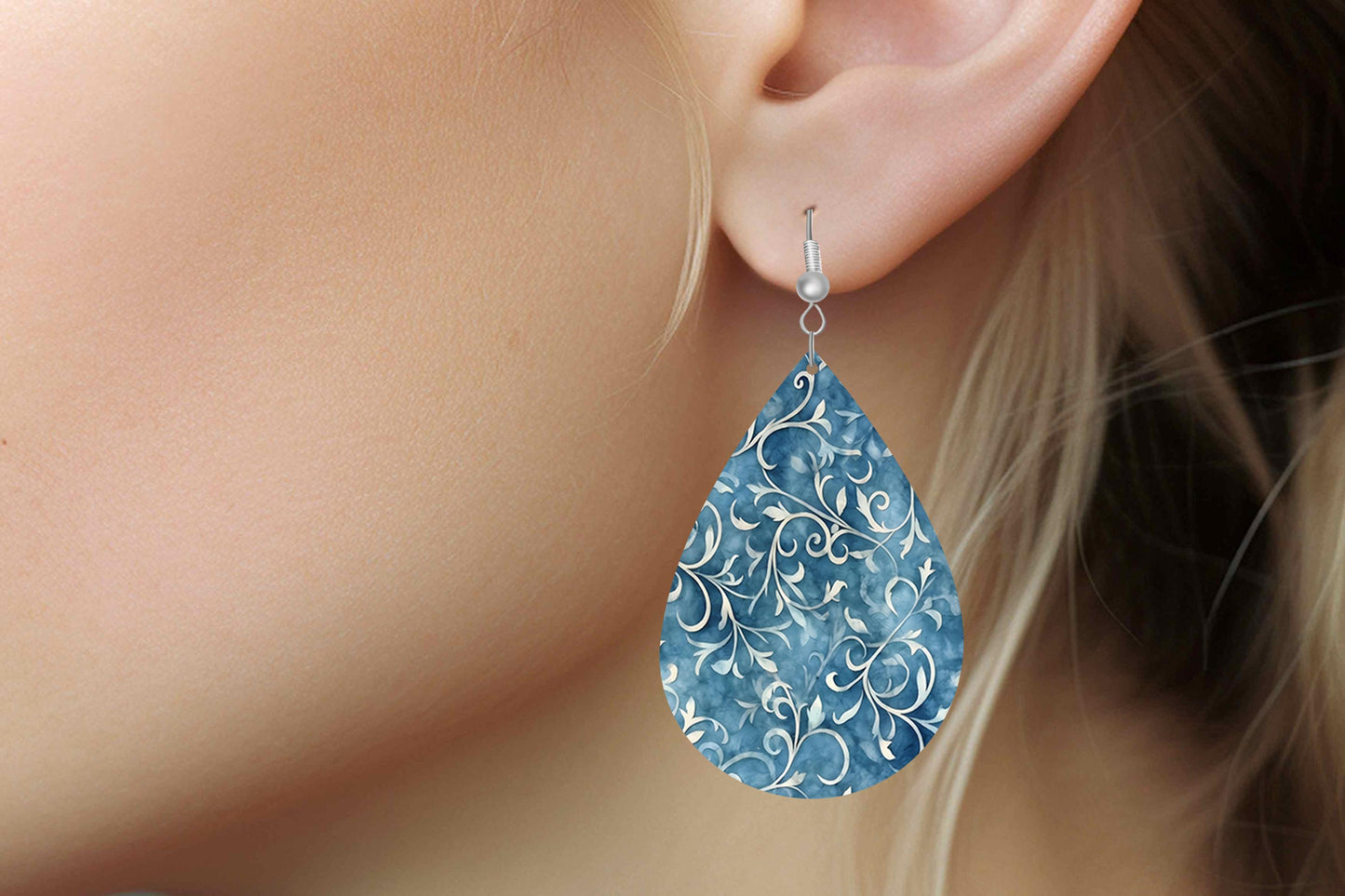 New Release Denim Vines Print Earrings Print Tear Drop Wood Dangle Earrings Hypoallergenic Jewelry