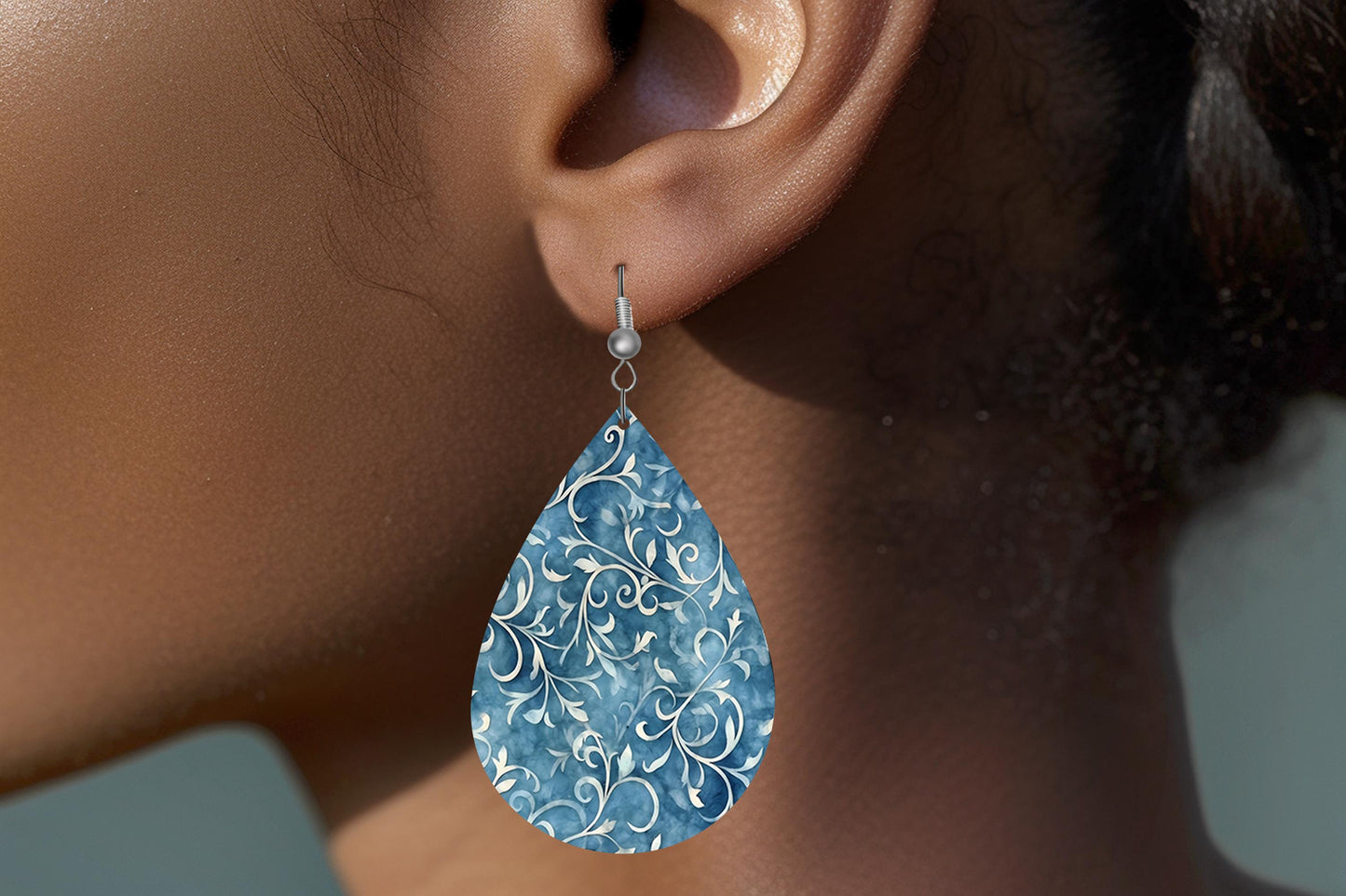 New Release Denim Vines Print Earrings Print Tear Drop Wood Dangle Earrings Hypoallergenic Jewelry