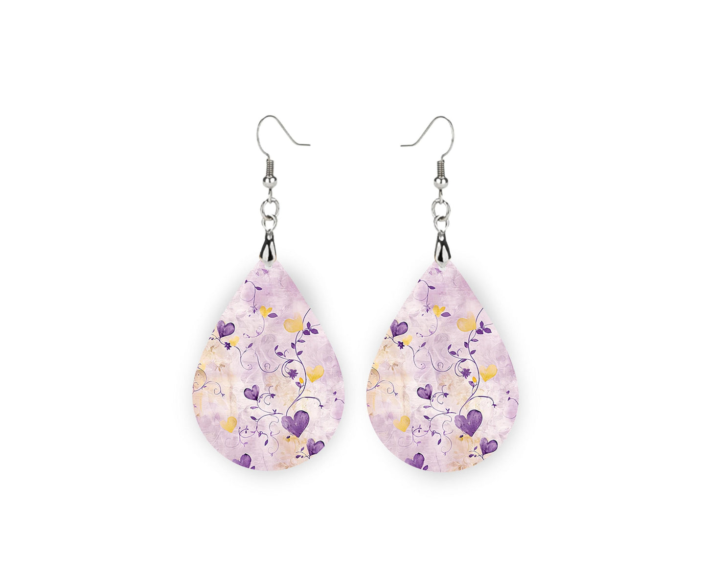 New Release Little Purple Hearts Print Earrings Print Tear Drop Wood Dangle Earrings Hypoallergenic Jewelry