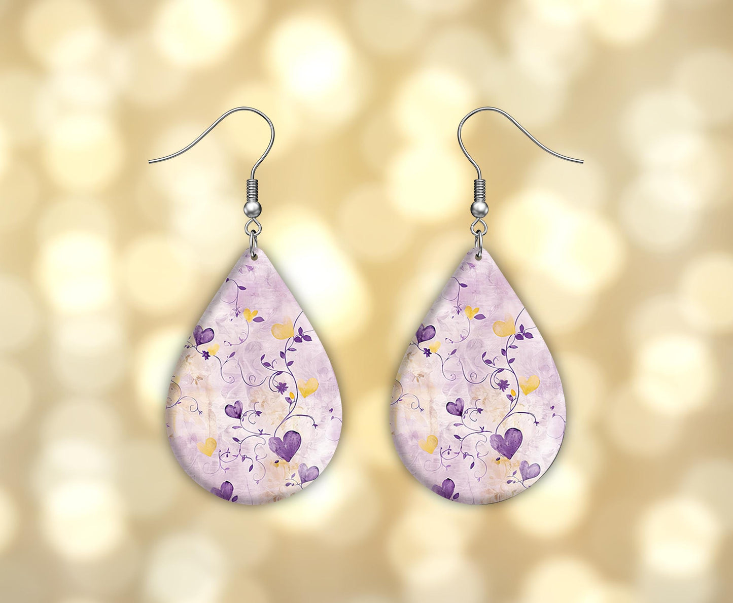 New Release Little Purple Hearts Print Earrings Print Tear Drop Wood Dangle Earrings Hypoallergenic Jewelry