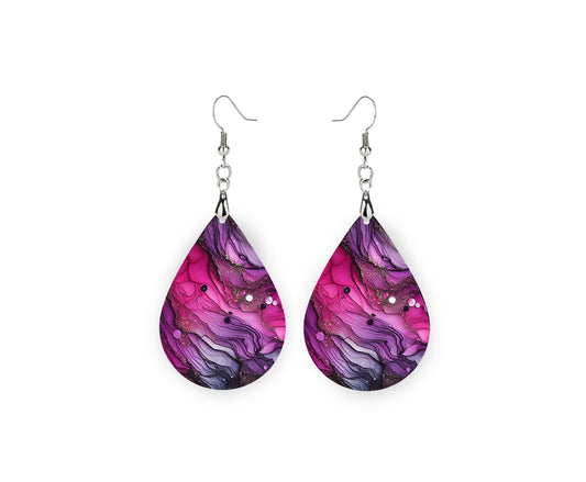 New Release Magenta and Purple Ink Print Earrings Print Tear Drop Wood Dangle Earrings Hypoallergenic Jewelry