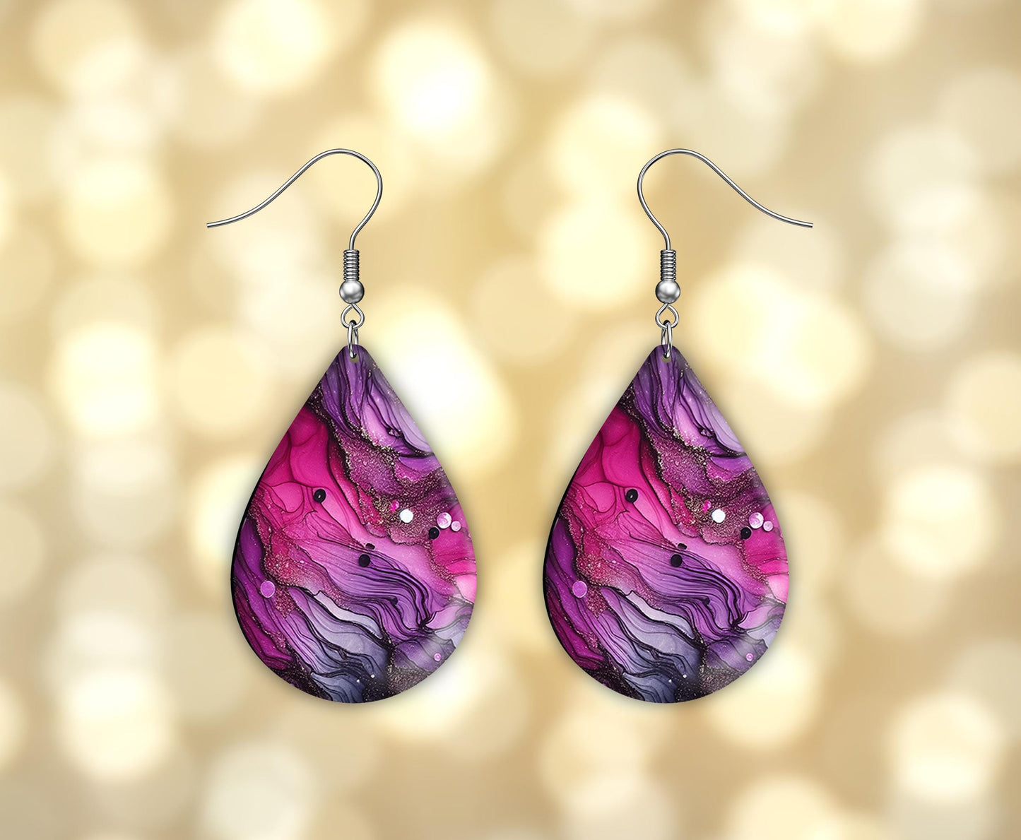 New Release Magenta and Purple Ink Print Earrings Print Tear Drop Wood Dangle Earrings Hypoallergenic Jewelry