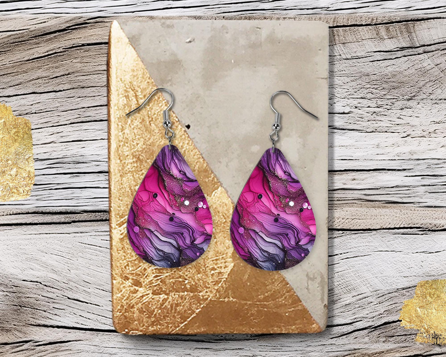 New Release Magenta and Purple Ink Print Earrings Print Tear Drop Wood Dangle Earrings Hypoallergenic Jewelry