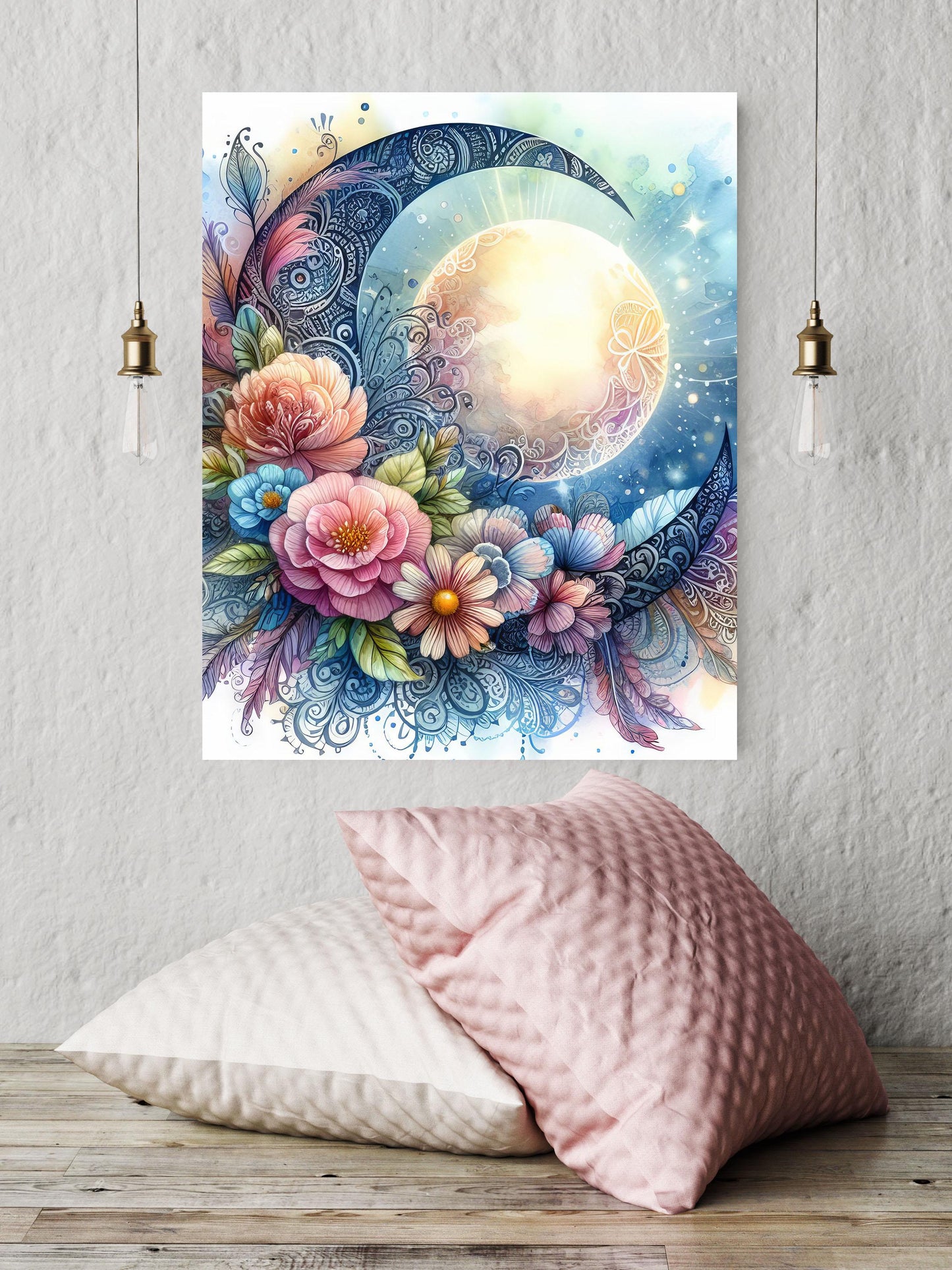 16x20 Mandala Floral Moon Wall Art Canvas Print