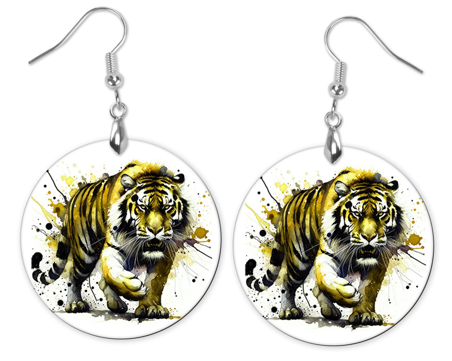 Full Body Tiger Round Wood Dangle Earrings Hypoallergenic Jewelry