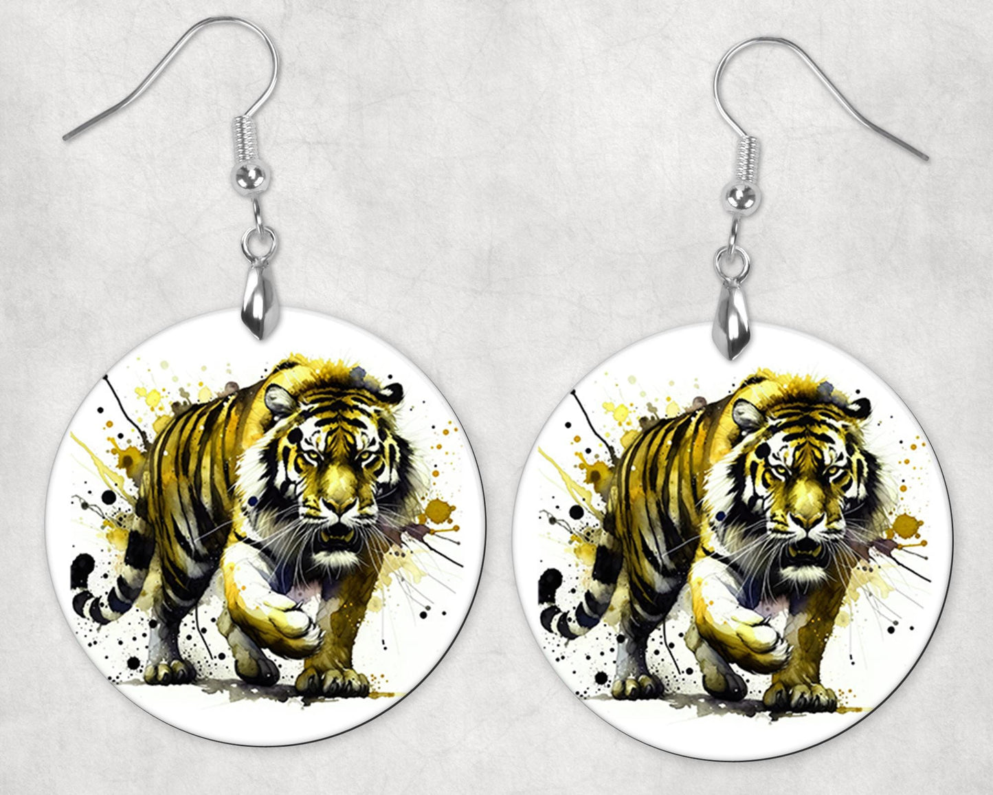 Full Body Tiger Round Wood Dangle Earrings Hypoallergenic Jewelry