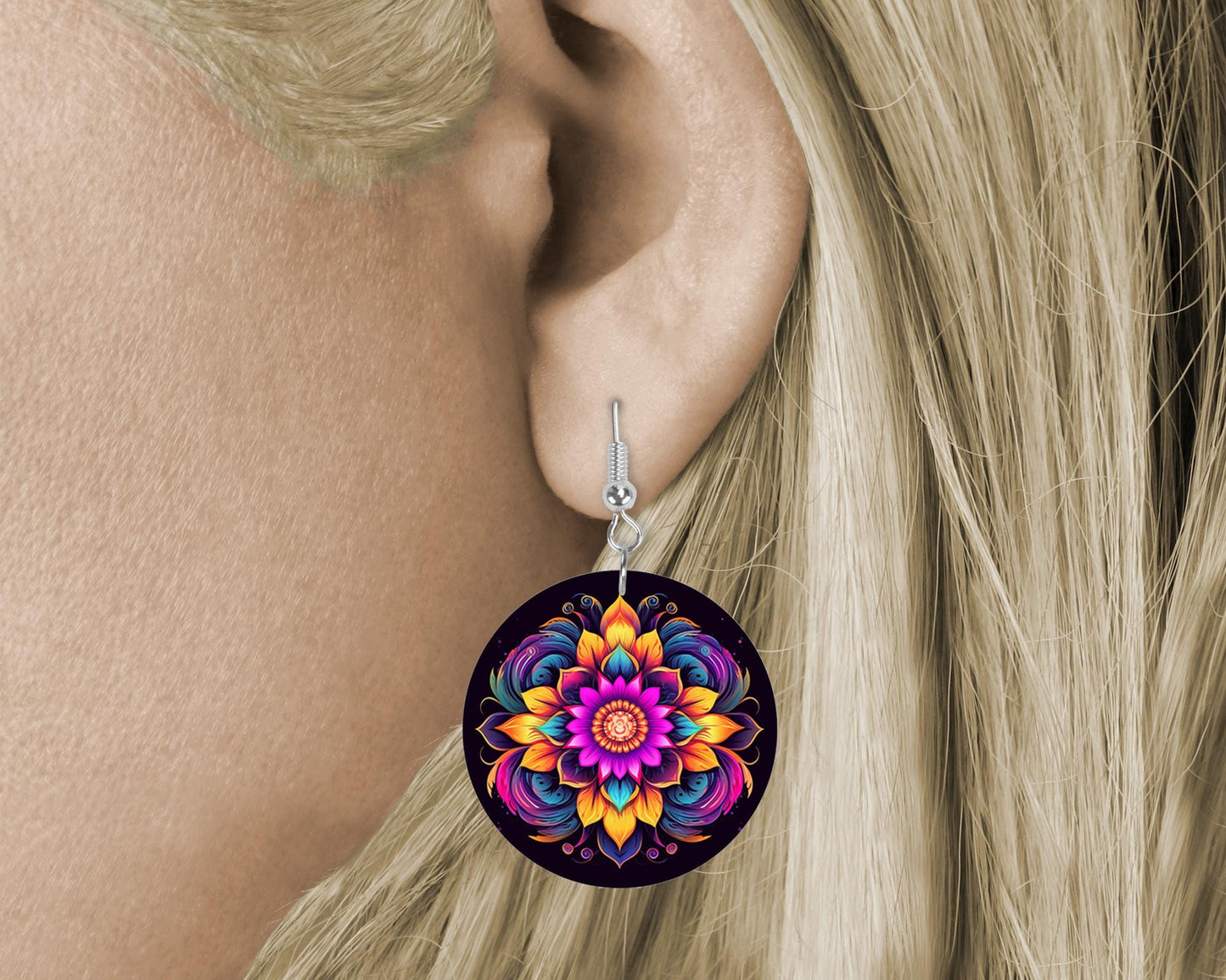 Lotus Mandala Round Wood Dangle Earrings Hypoallergenic Jewelry