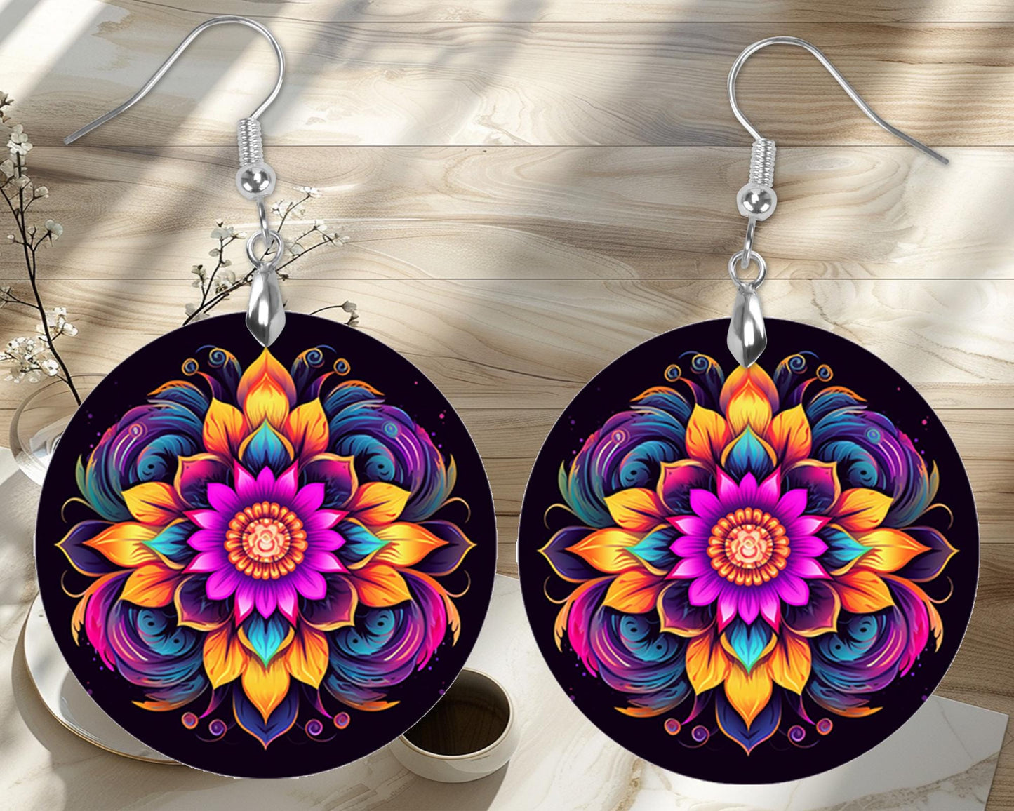 Lotus Mandala Round Wood Dangle Earrings Hypoallergenic Jewelry