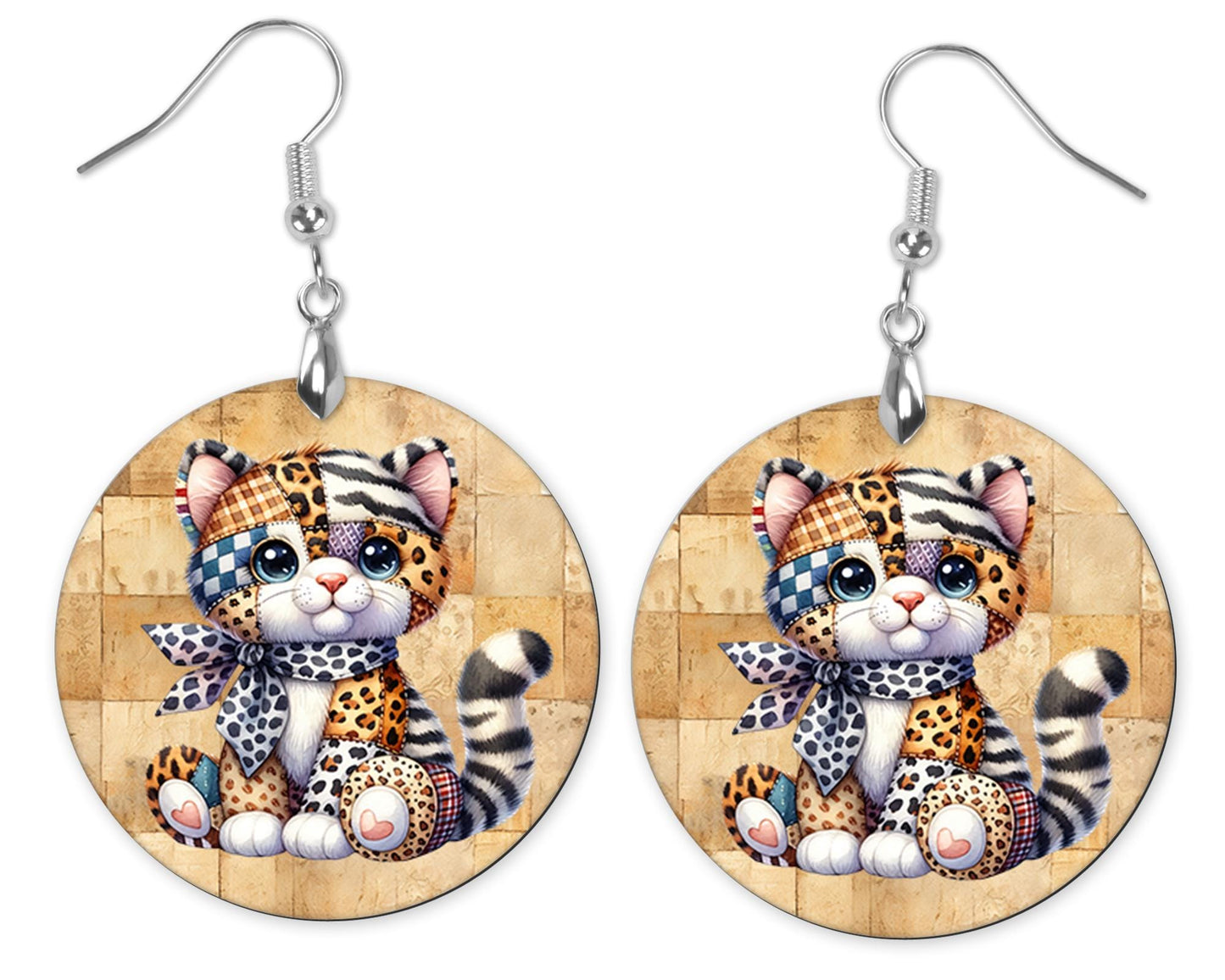 Animal Print Quilted Cat Round Printed Wood Earrings Handmade Jewelry