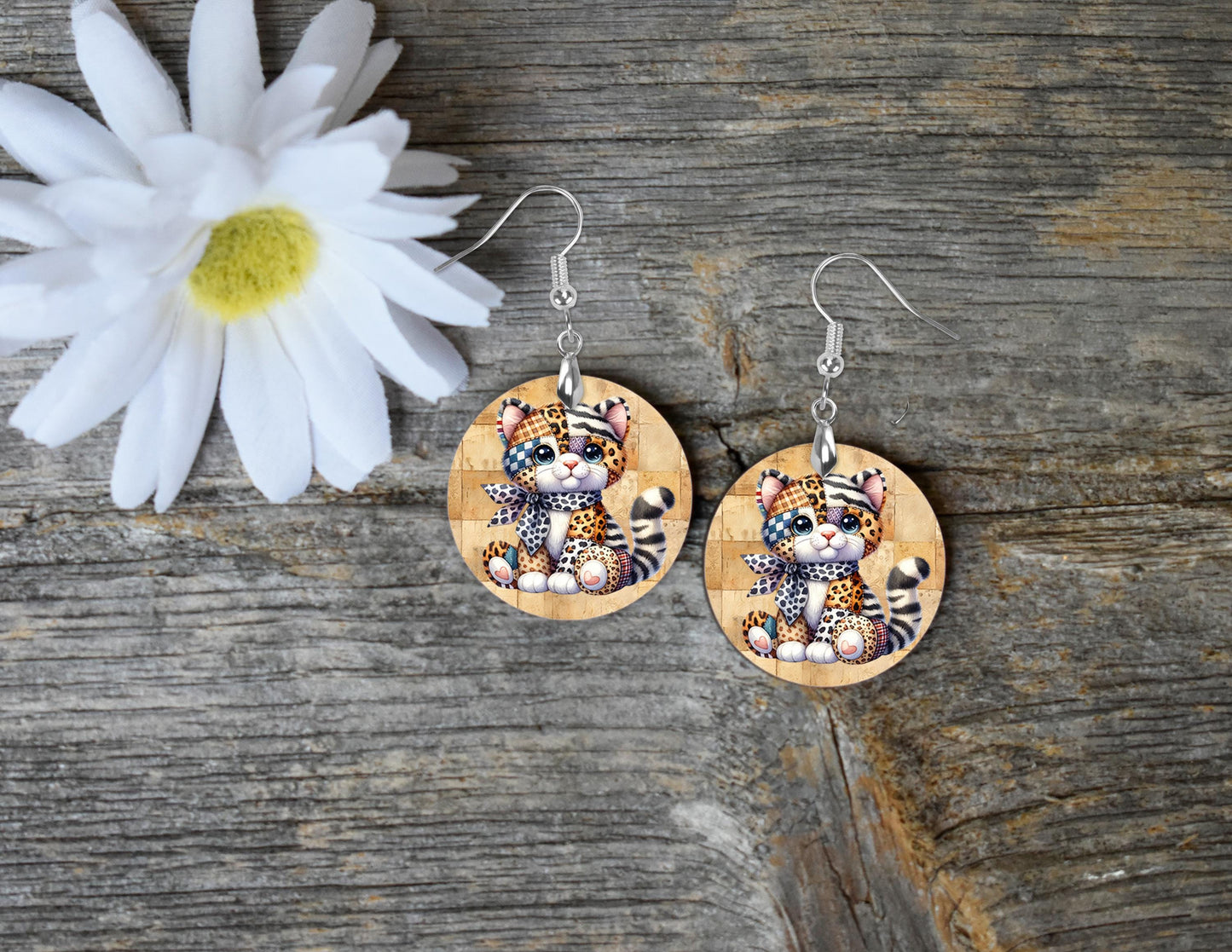 Animal Print Quilted Cat Round Printed Wood Earrings Handmade Jewelry