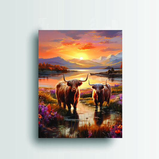 11x14 Highland Cows at Sunset Canvas Print