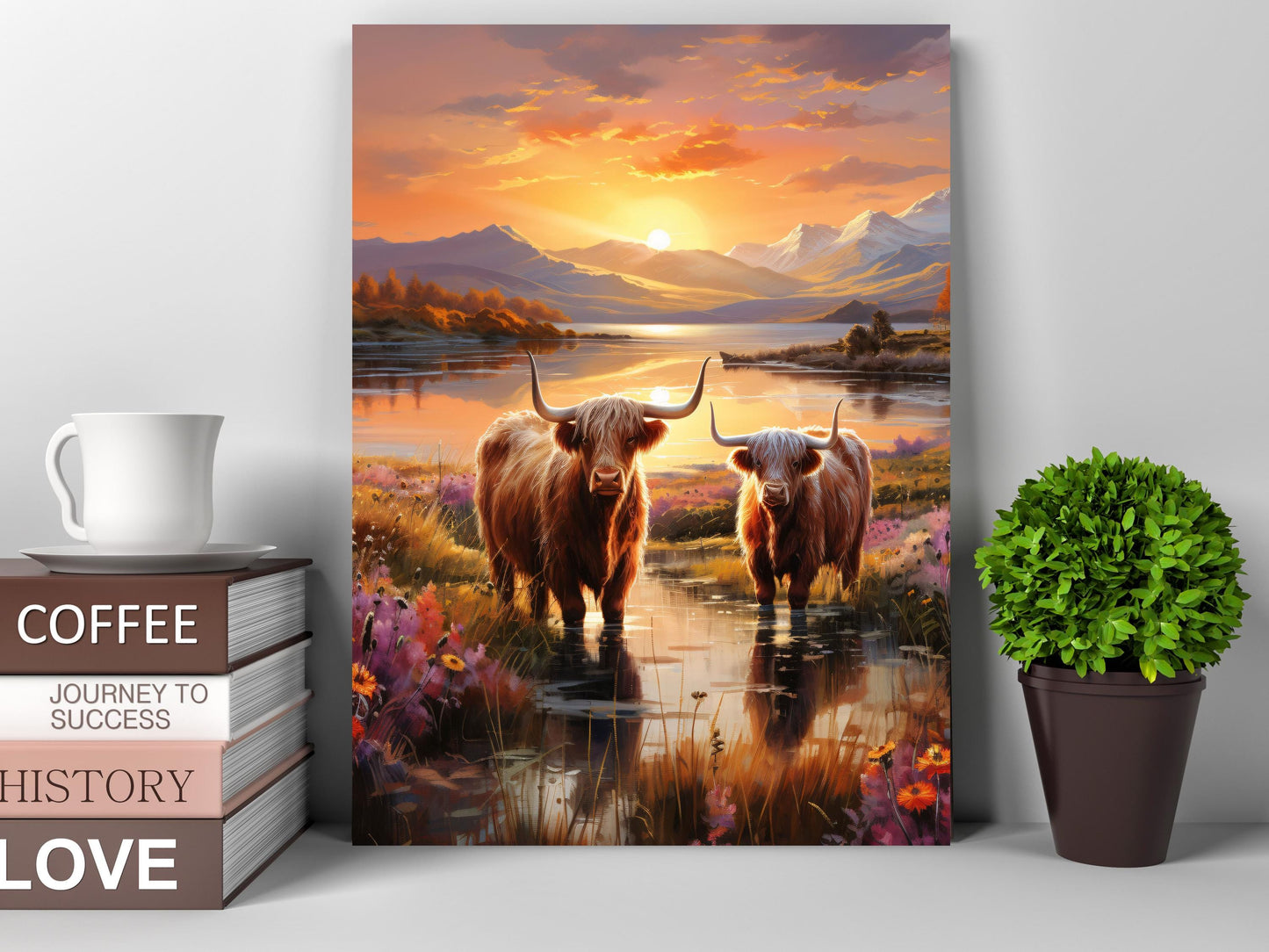 11x14 Highland Cows at Sunset Canvas Print