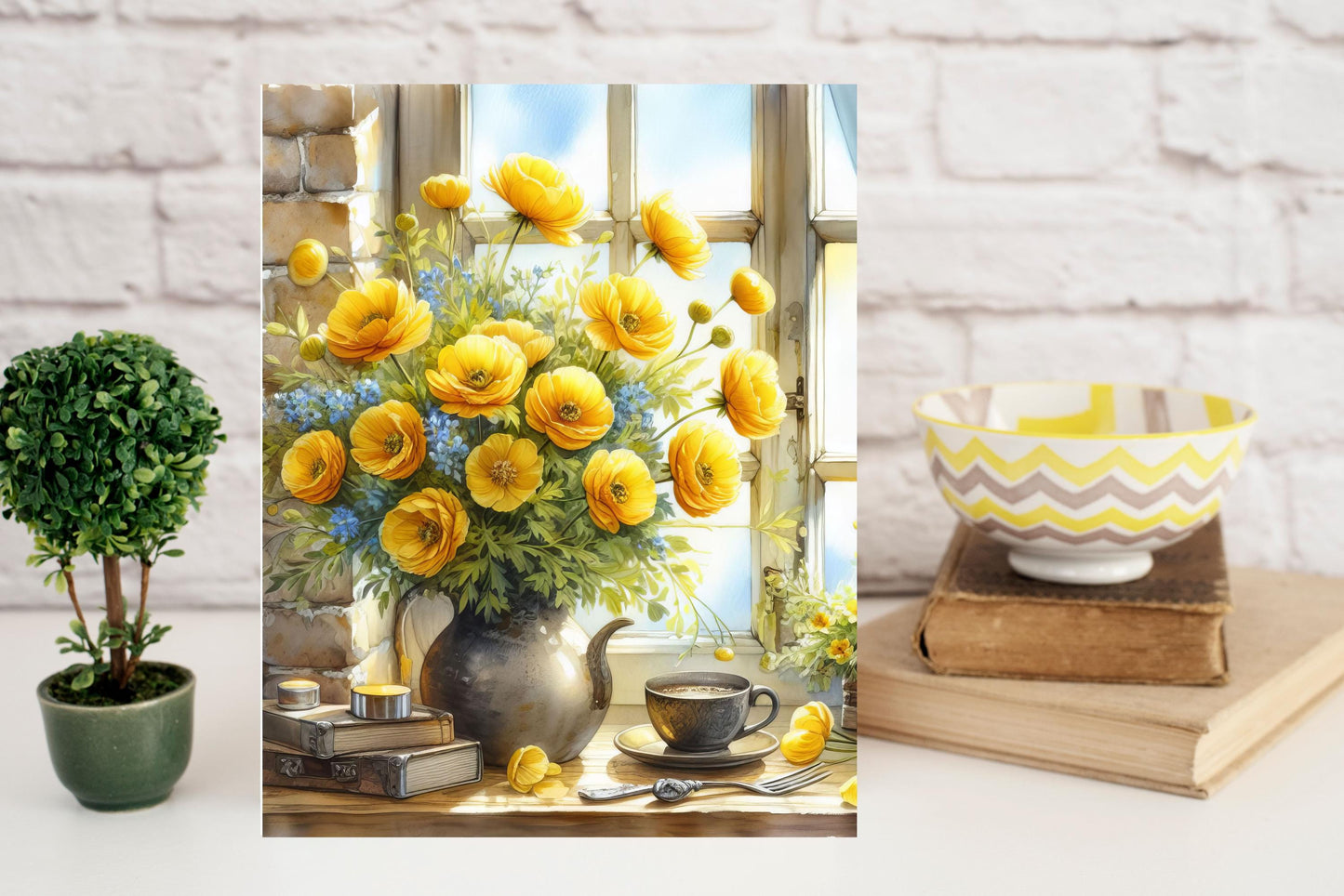 11x14 Yellow Flowers on Windowsill Wall Art Canvas Print