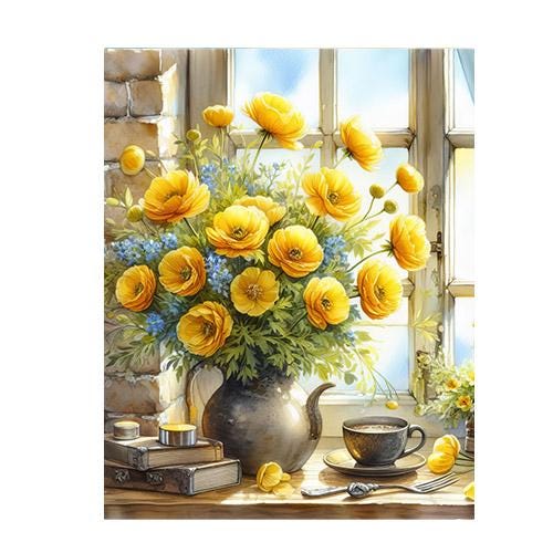 11x14 Yellow Flowers on Windowsill Wall Art Canvas Print