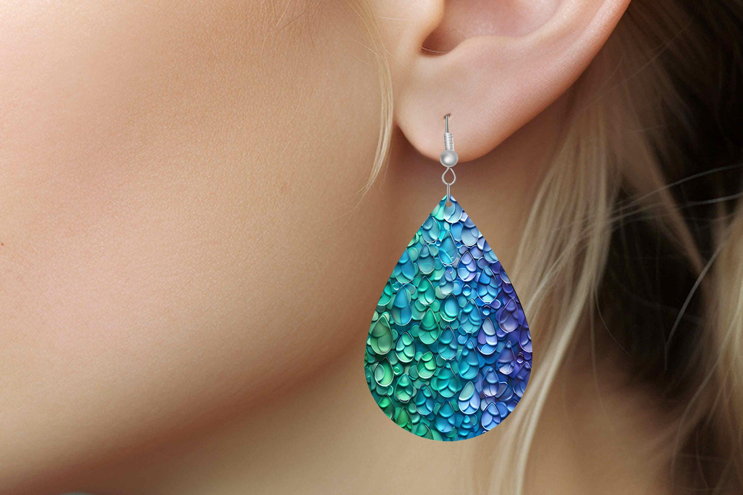 Blue Green Petals Print Earrings, Teardrop Dangle Printed Earrings Jewelry Handmade