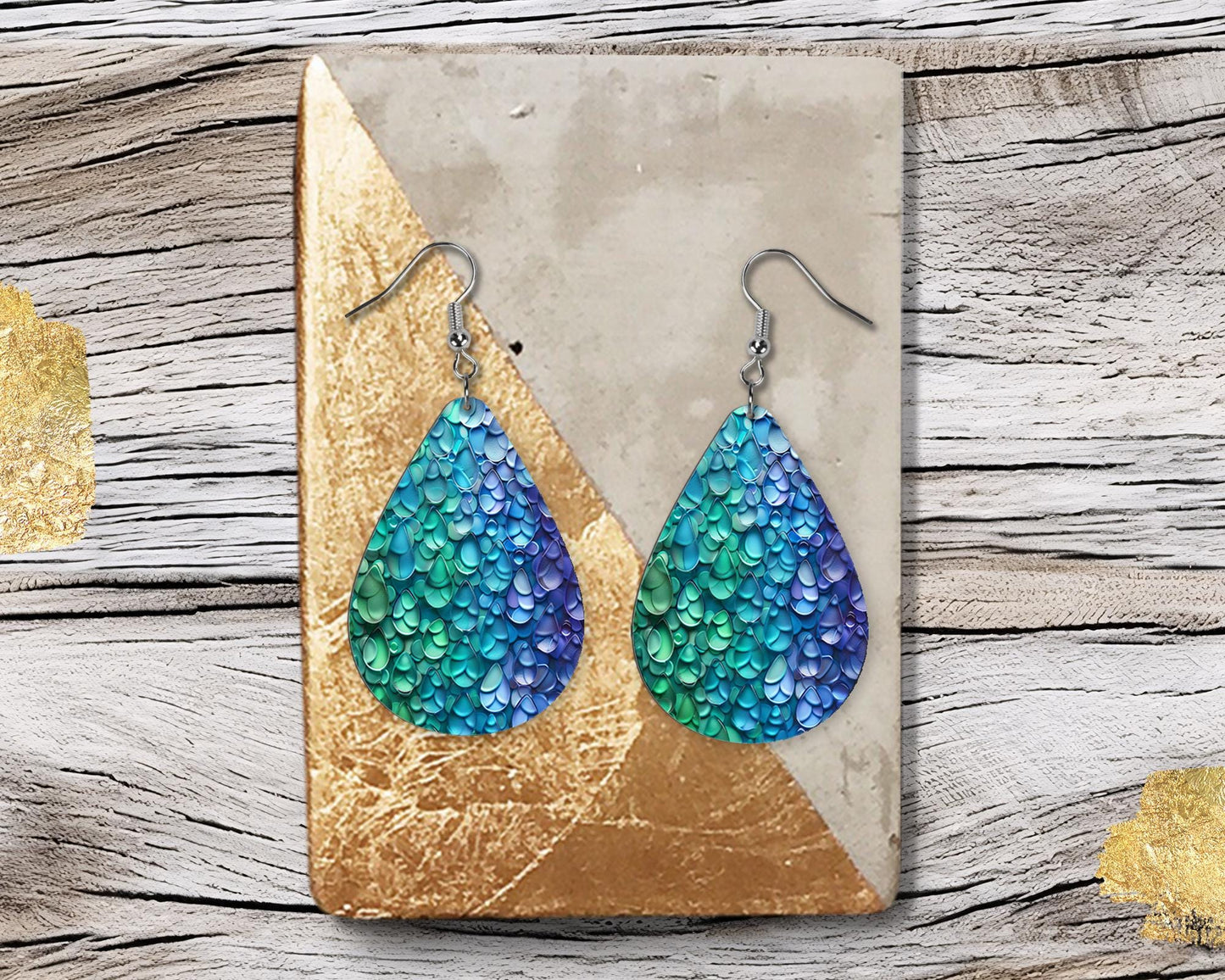 Blue Green Petals Print Earrings, Teardrop Dangle Printed Earrings Jewelry Handmade