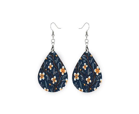 Blue and Orange Flowers on Navy Print Earrings, Teardrop Dangle Printed Earrings Jewelry Handmade