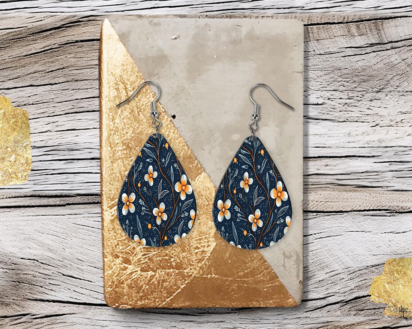 Blue and Orange Flowers on Navy Print Earrings, Teardrop Dangle Printed Earrings Jewelry Handmade