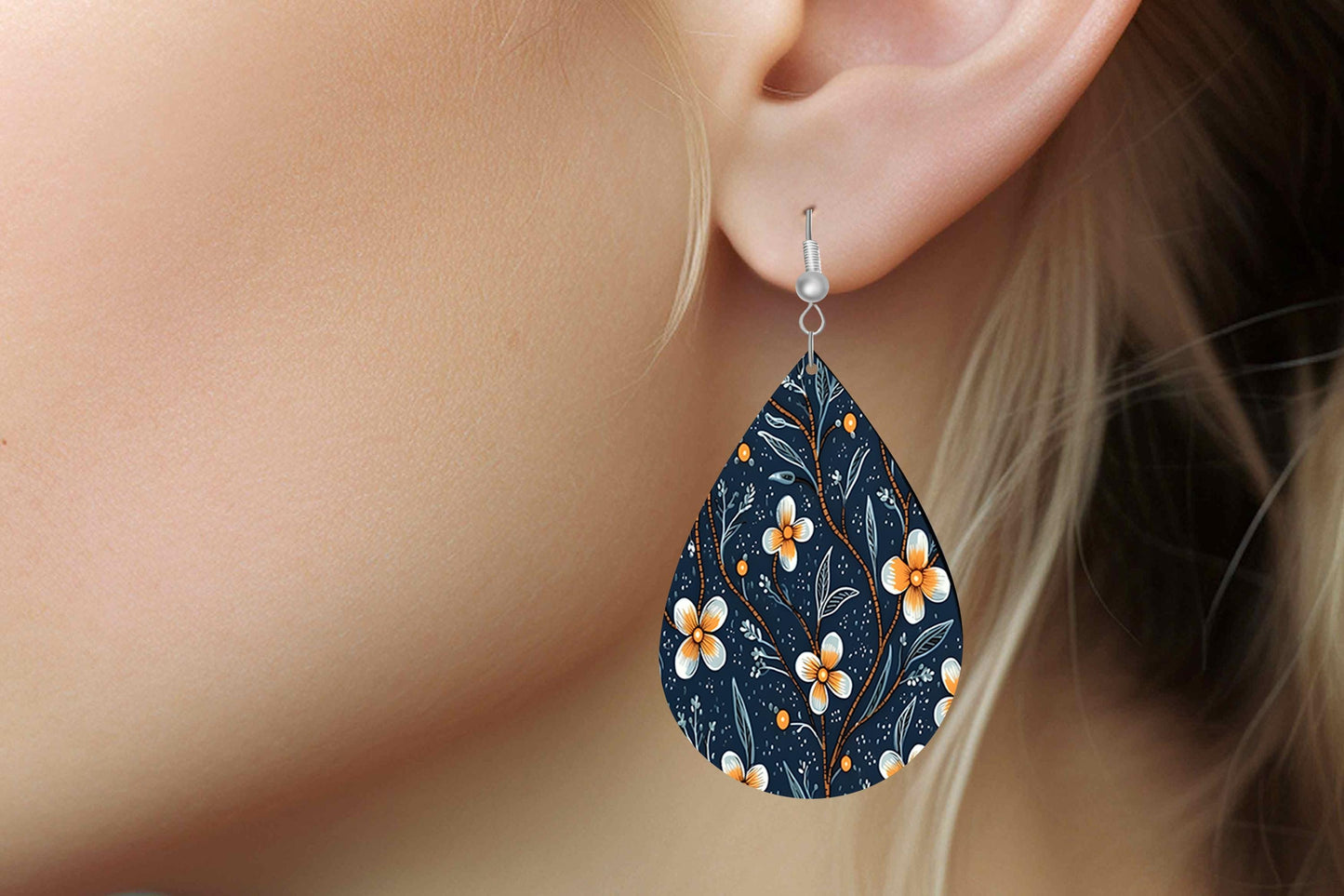 Blue and Orange Flowers on Navy Print Earrings, Teardrop Dangle Printed Earrings Jewelry Handmade