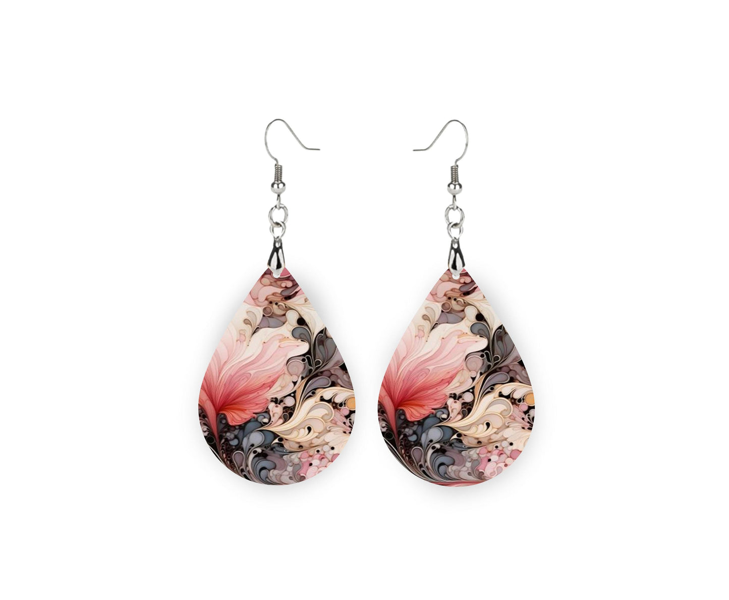 Pink and Gray Cassandra Swirl Print Earrings, Teardrop Dangle Printed Earrings Jewelry Handmade