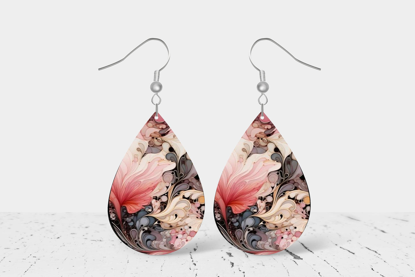 Pink and Gray Cassandra Swirl Print Earrings, Teardrop Dangle Printed Earrings Jewelry Handmade