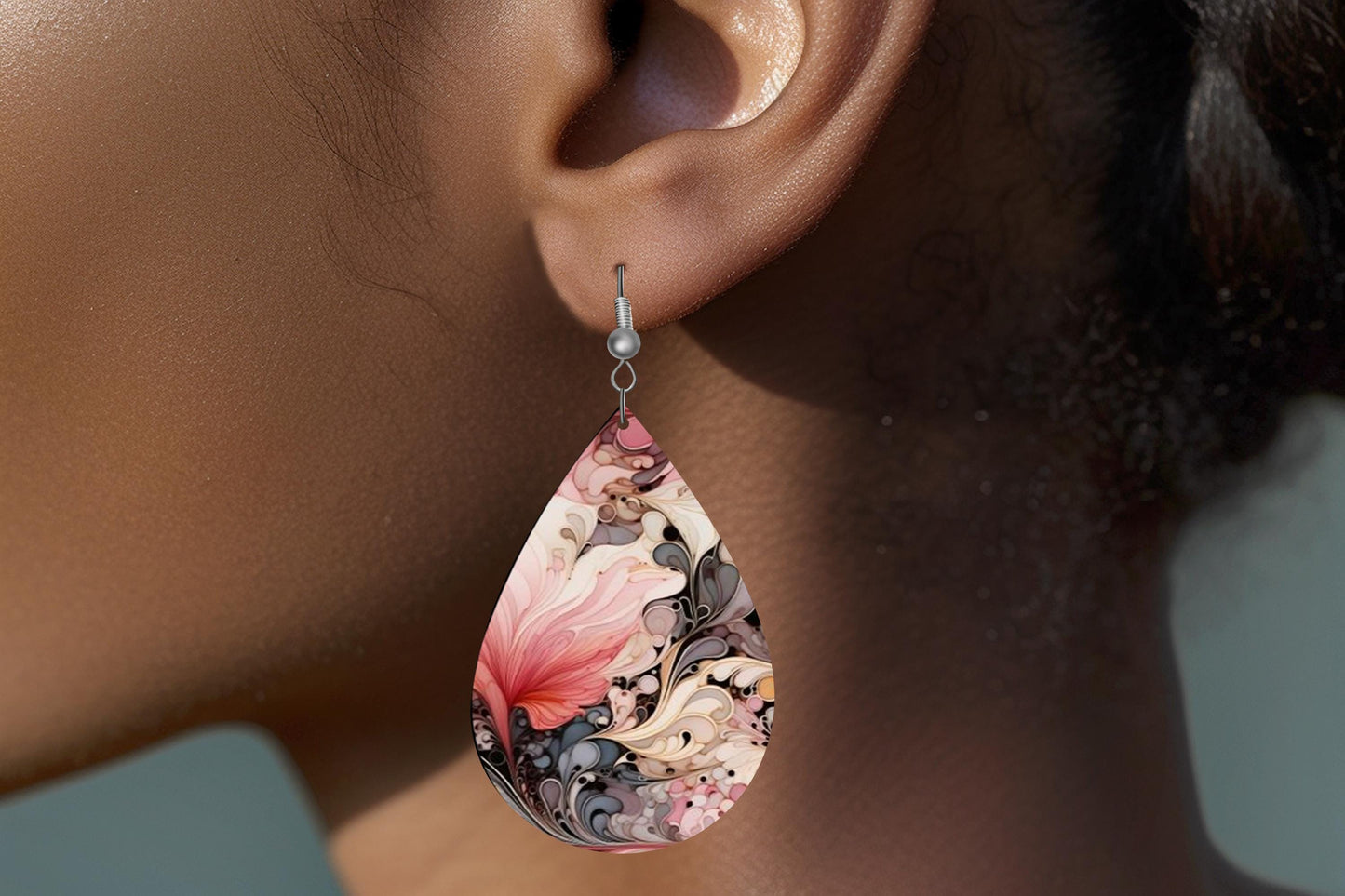 Pink and Gray Cassandra Swirl Print Earrings, Teardrop Dangle Printed Earrings Jewelry Handmade