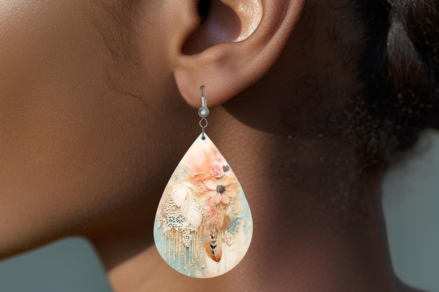 Peach Daydreams Print Earrings, Teardrop Dangle Printed Earrings Jewelry Handmade