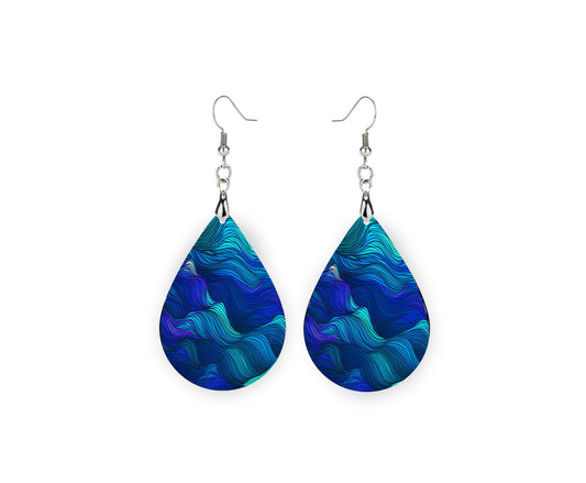 Blue Green Waves Print Earrings Print Tear Drop Wood Dangle Earrings Hypoallergenic Jewelry