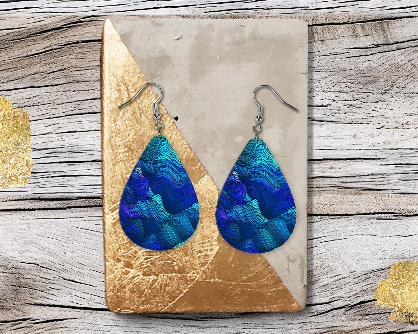 Blue Green Waves Print Earrings Print Tear Drop Wood Dangle Earrings Hypoallergenic Jewelry