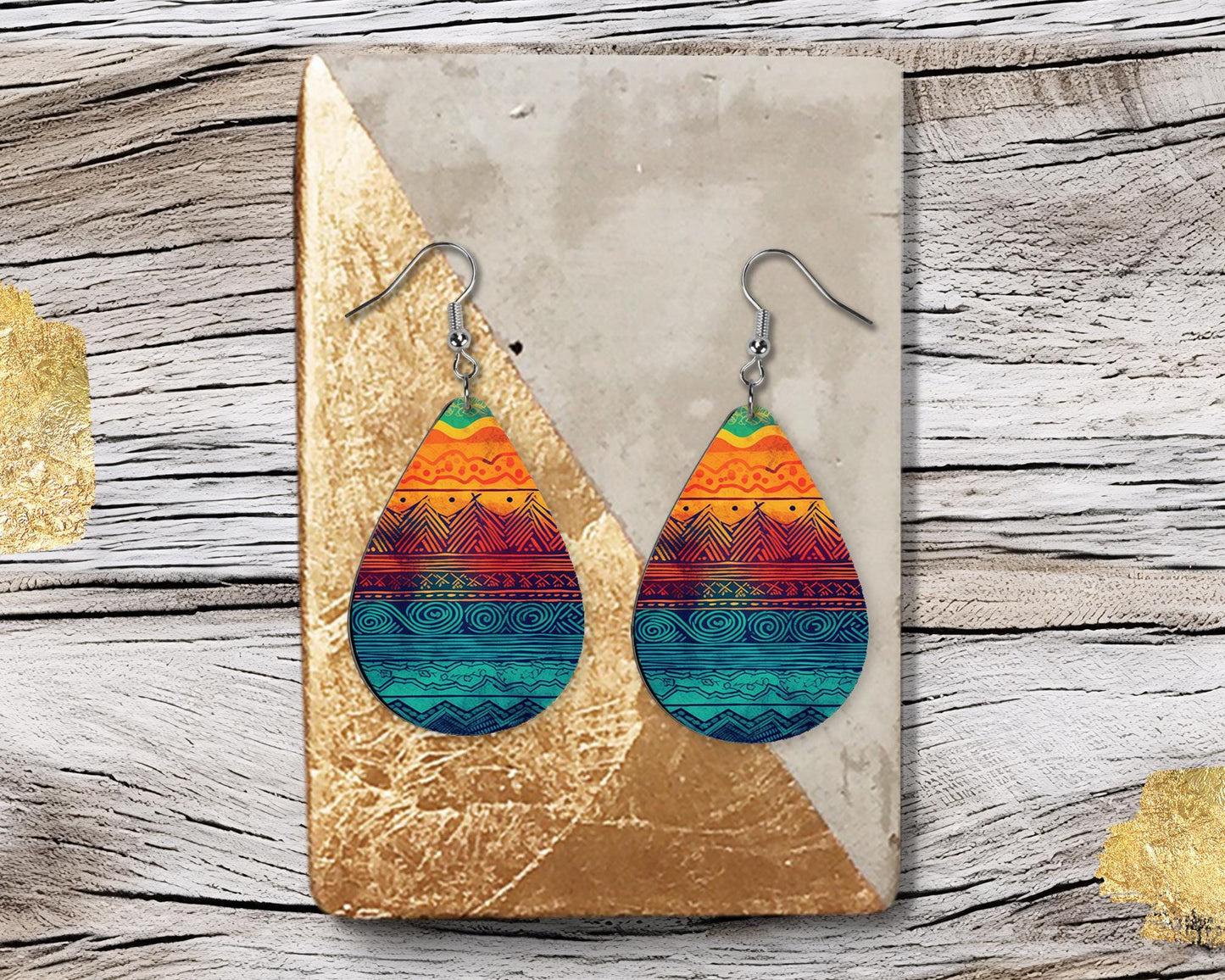 Boho Layers Print Earrings Print Tear Drop Wood Dangle Earrings Hypoallergenic Jewelry