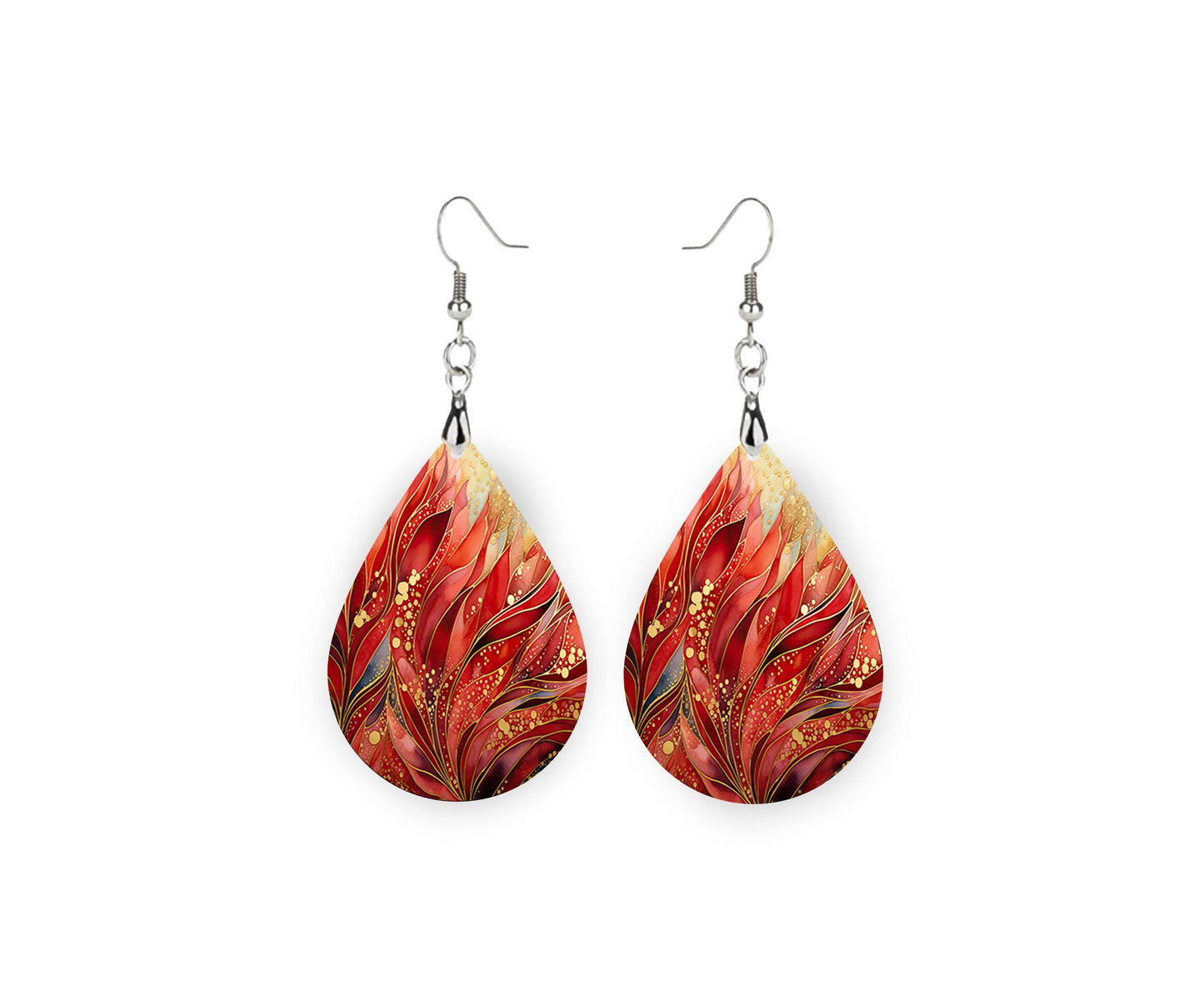 Phoenix Red Print Earrings Print Tear Drop Wood Dangle Earrings Hypoallergenic Jewelry