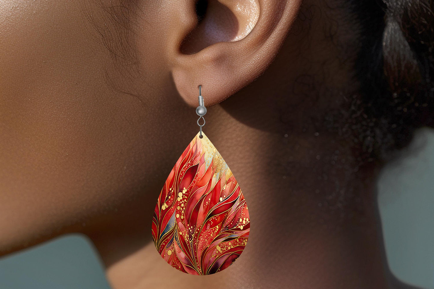 Phoenix Red Print Earrings Print Tear Drop Wood Dangle Earrings Hypoallergenic Jewelry