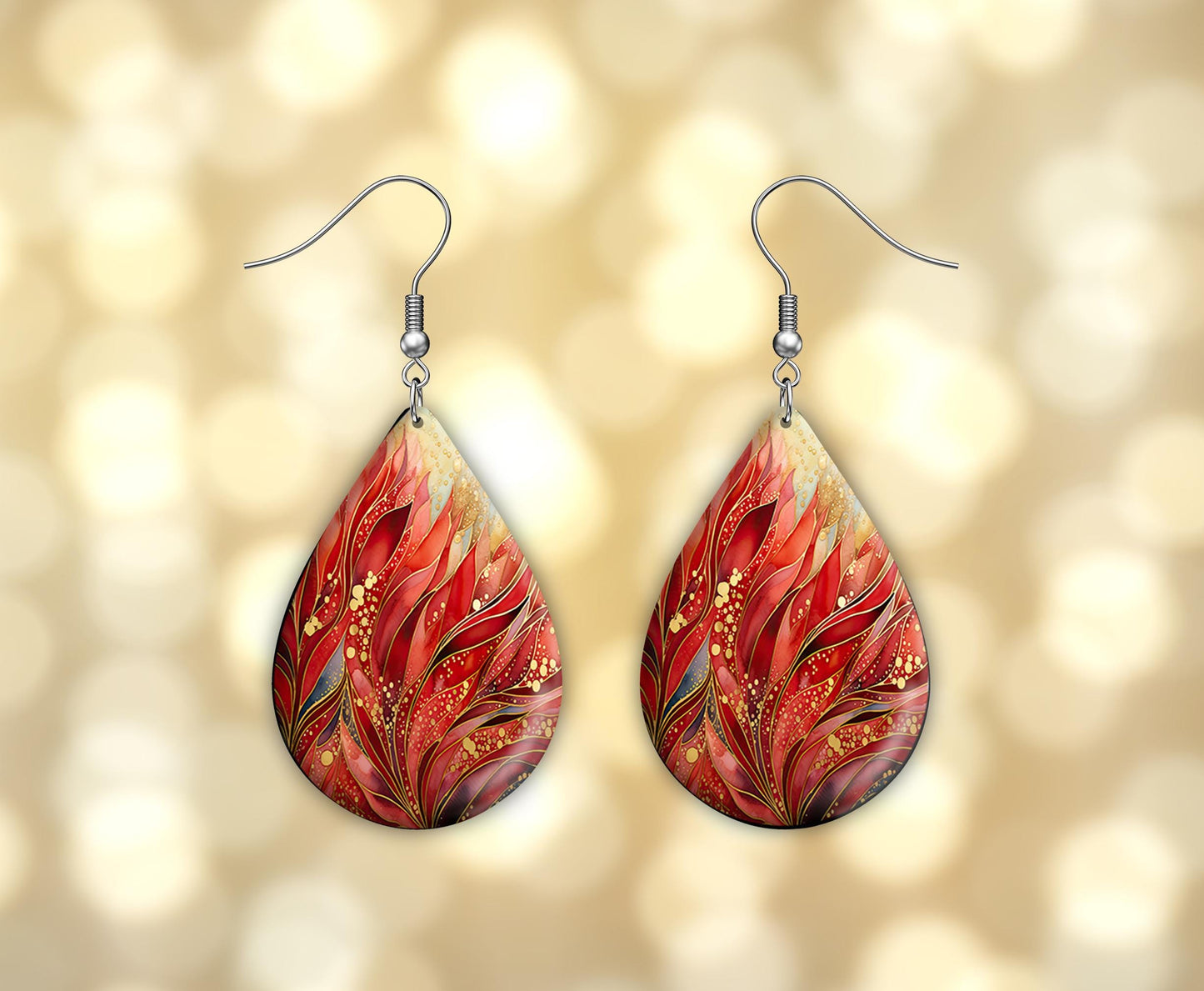 Phoenix Red Print Earrings Print Tear Drop Wood Dangle Earrings Hypoallergenic Jewelry