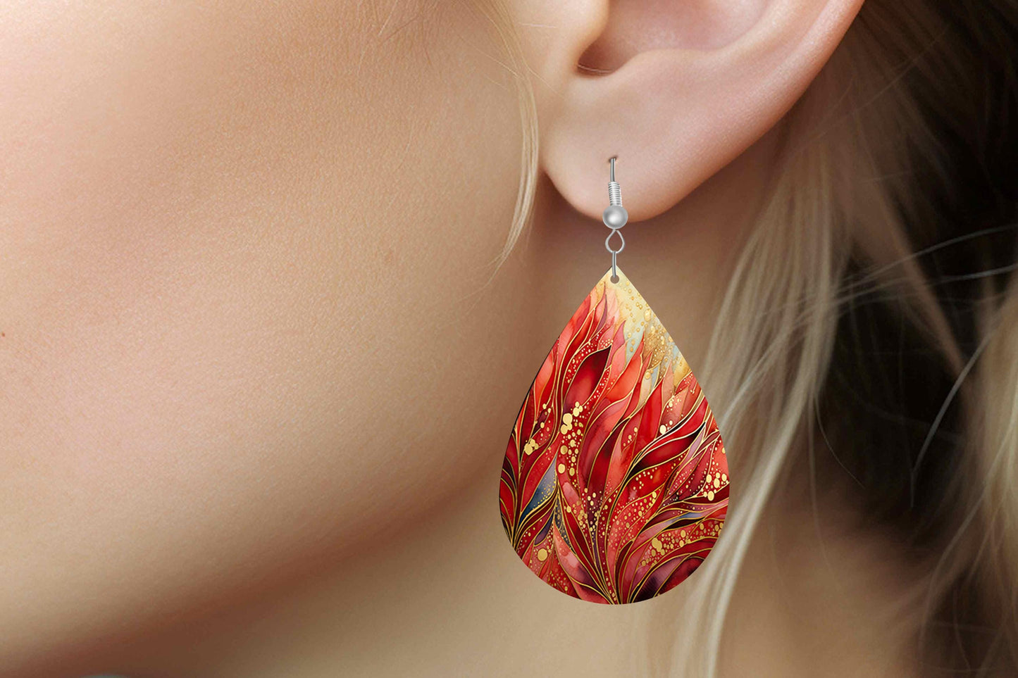 Phoenix Red Print Earrings Print Tear Drop Wood Dangle Earrings Hypoallergenic Jewelry