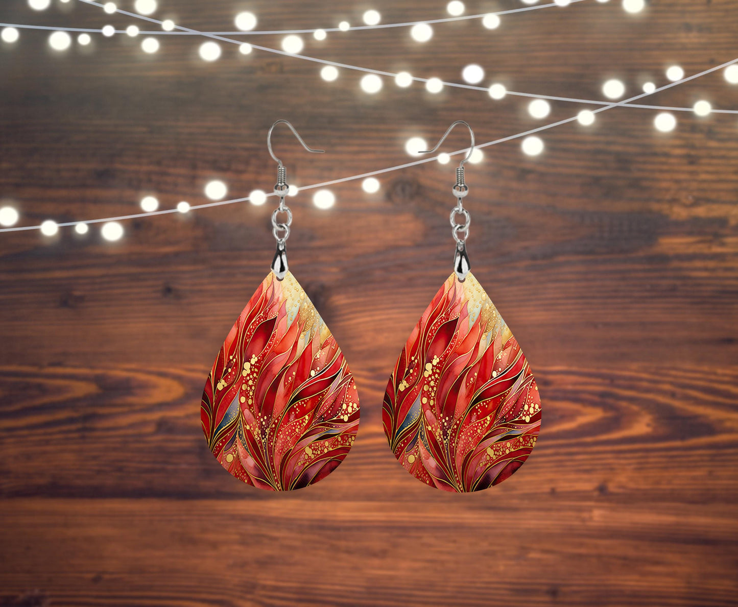 Phoenix Red Print Earrings Print Tear Drop Wood Dangle Earrings Hypoallergenic Jewelry