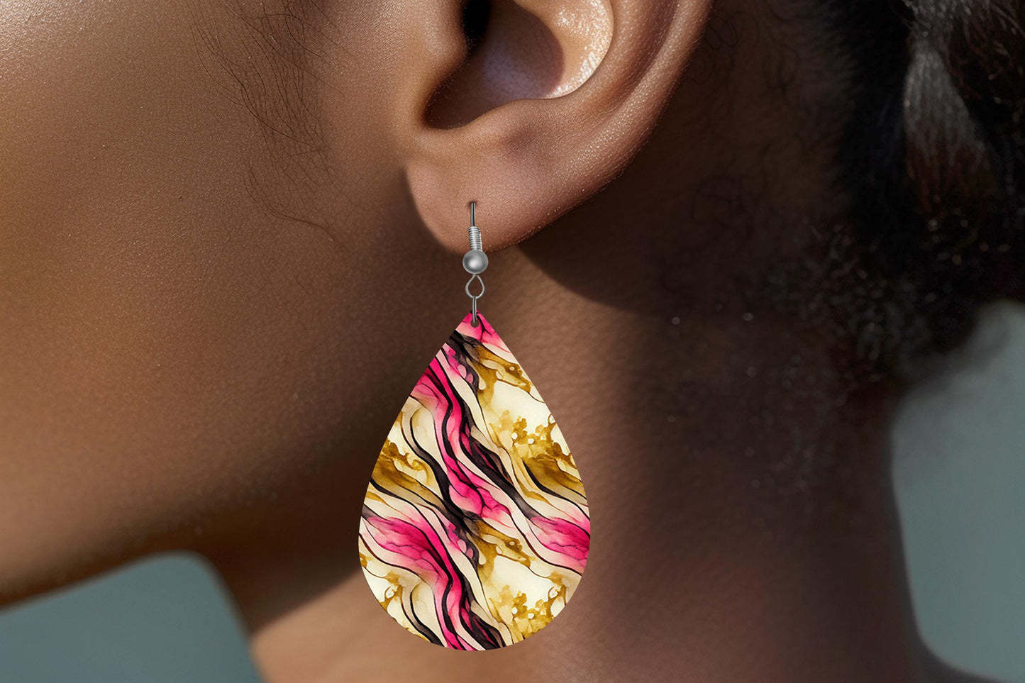 Pink Gold Swirl Print Earrings Print Tear Drop Wood Dangle Earrings Hypoallergenic Jewelry