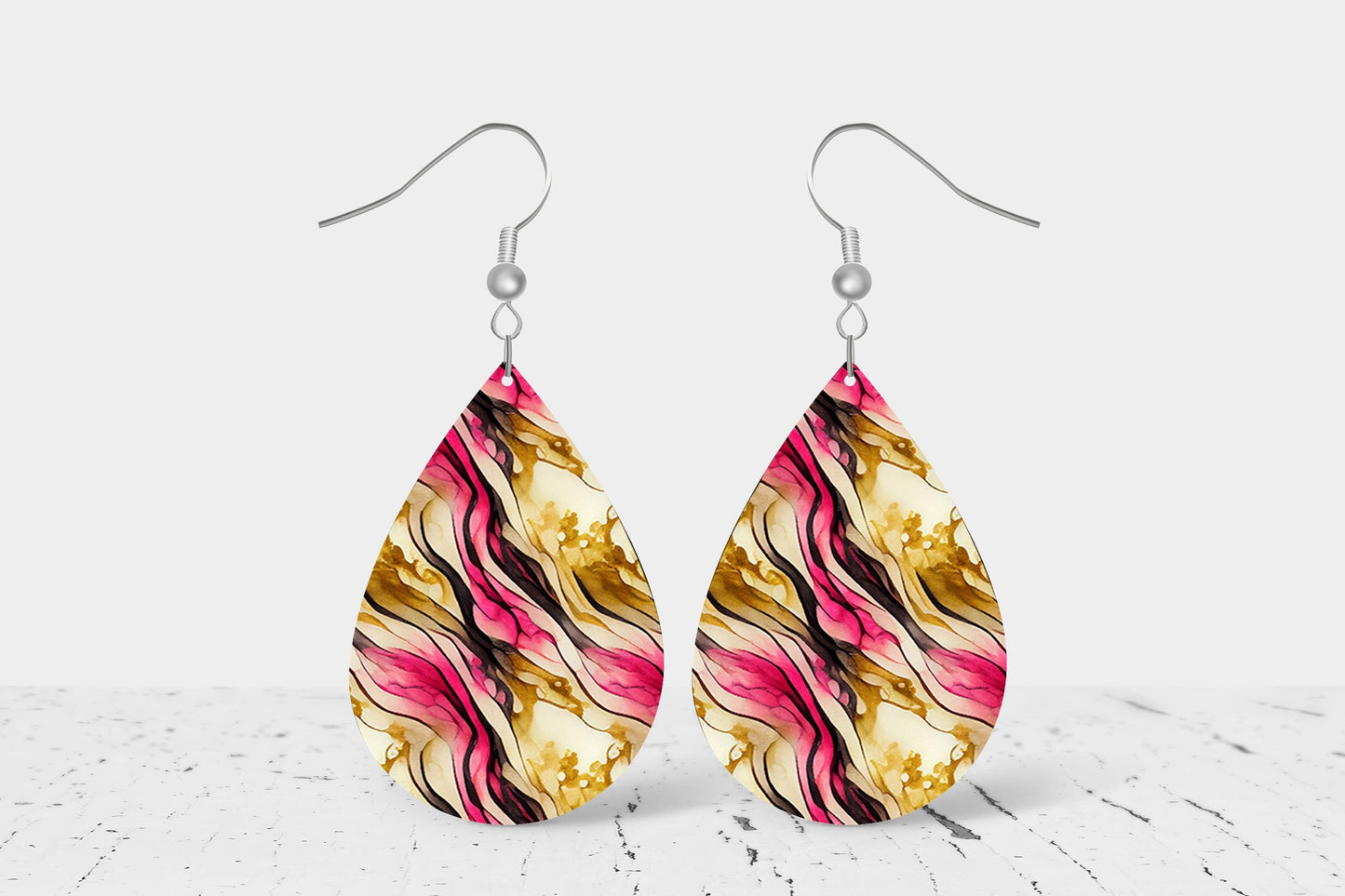 Pink Gold Swirl Print Earrings Print Tear Drop Wood Dangle Earrings Hypoallergenic Jewelry