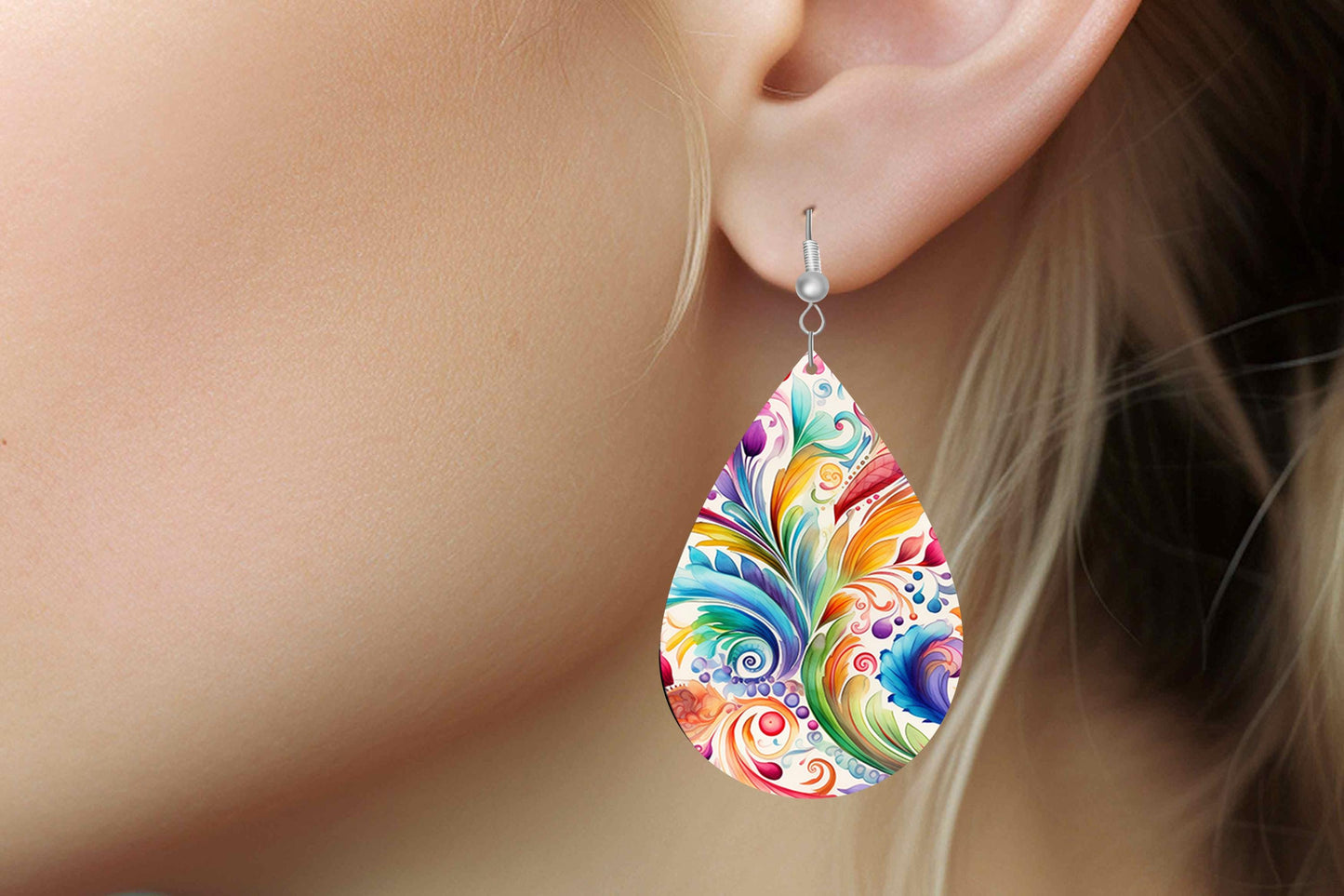 New Release Folk Art Paisley Print Earrings Tear Drop Wood Dangle Earrings Hypoallergenic Jewelry