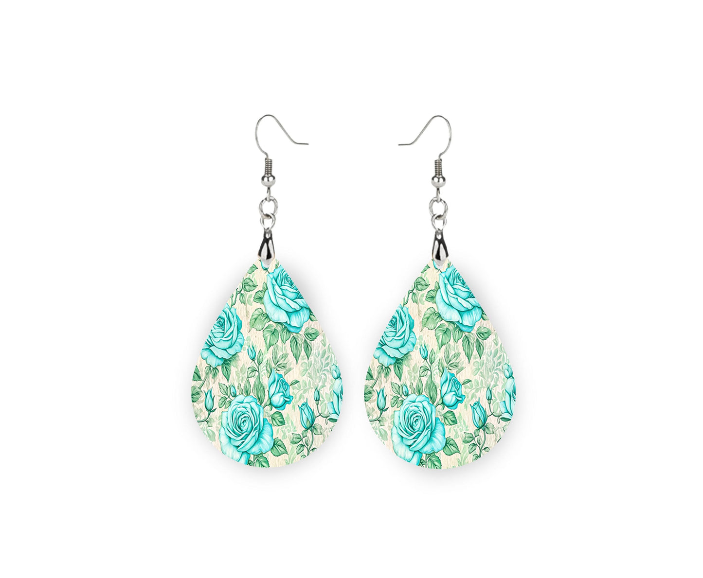 New Release Aqua Roses Print Earrings Tear Drop Wood Dangle Earrings Hypoallergenic Jewelry