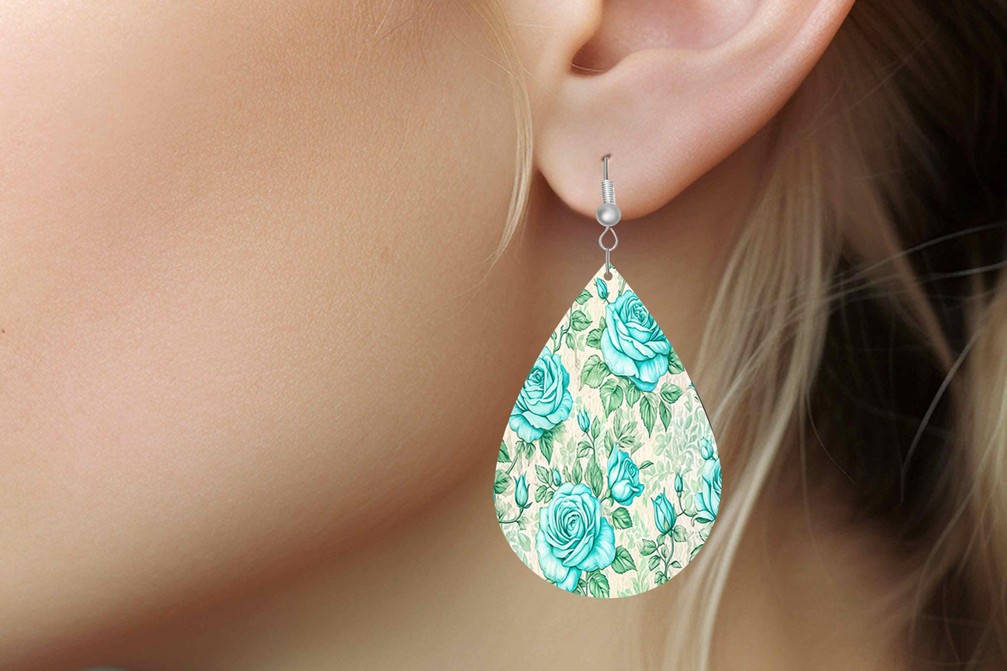 New Release Aqua Roses Print Earrings Tear Drop Wood Dangle Earrings Hypoallergenic Jewelry