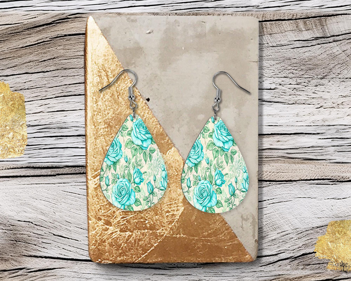 New Release Aqua Roses Print Earrings Tear Drop Wood Dangle Earrings Hypoallergenic Jewelry