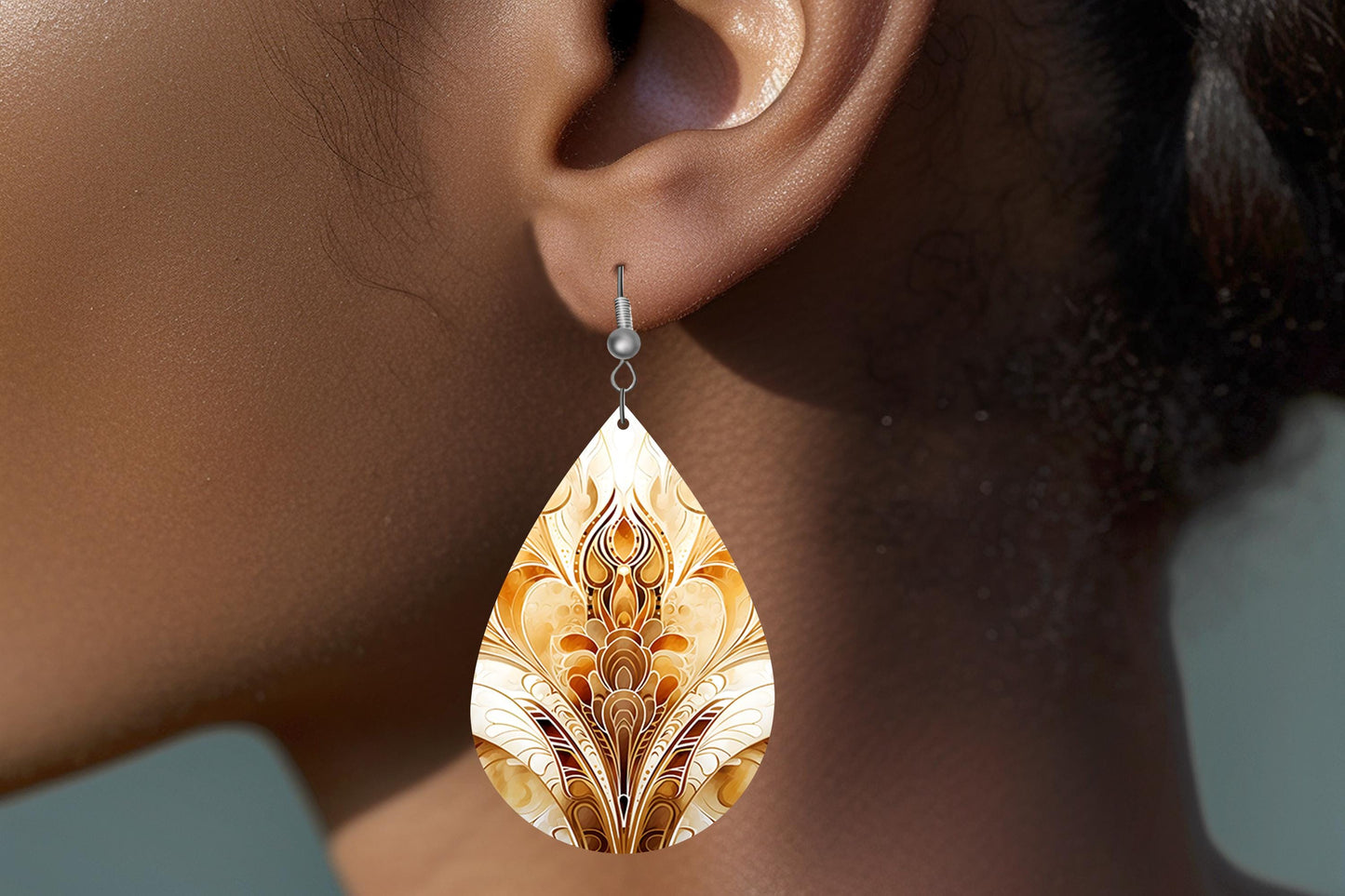 New Release Gold and Brown Print Earrings Tear Drop Wood Dangle Earrings Hypoallergenic Jewelry