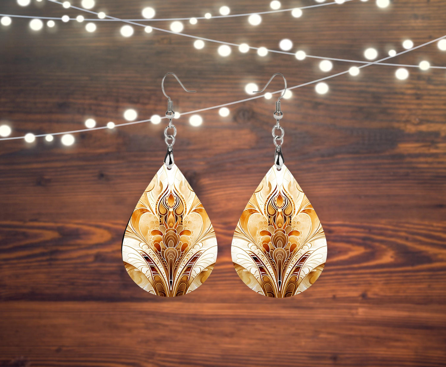 New Release Gold and Brown Print Earrings Tear Drop Wood Dangle Earrings Hypoallergenic Jewelry